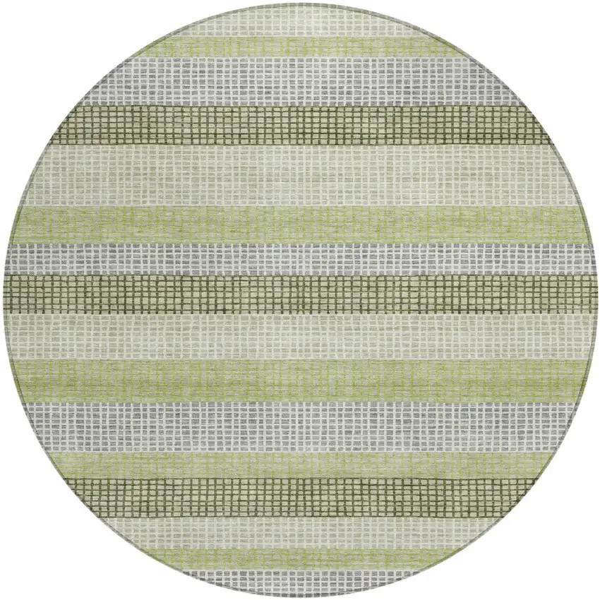 8' Artichoke Green And Ivory Round Striped Washable Indoor Outdoor Area Rug Photo 1