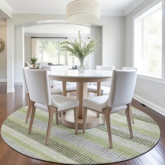 8' Artichoke Green And Ivory Round Striped Washable Indoor Outdoor Area Rug Photo 6