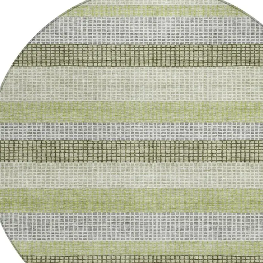 8' Artichoke Green And Ivory Round Striped Washable Indoor Outdoor Area Rug Photo 8