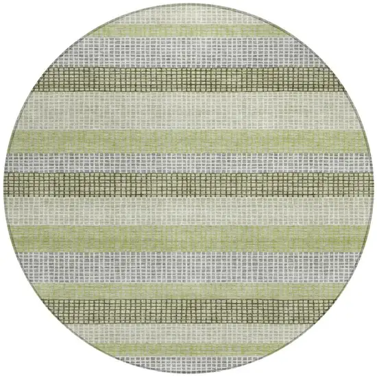 8' Artichoke Green And Ivory Round Striped Washable Indoor Outdoor Area Rug Photo 3