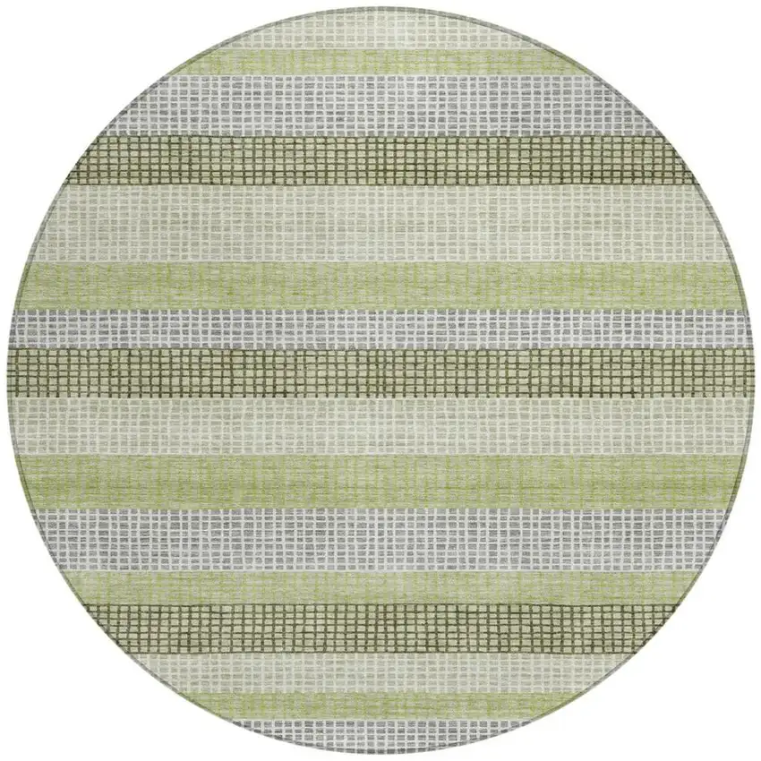 8' Artichoke Green And Ivory Round Striped Washable Indoor Outdoor Area Rug Photo 3