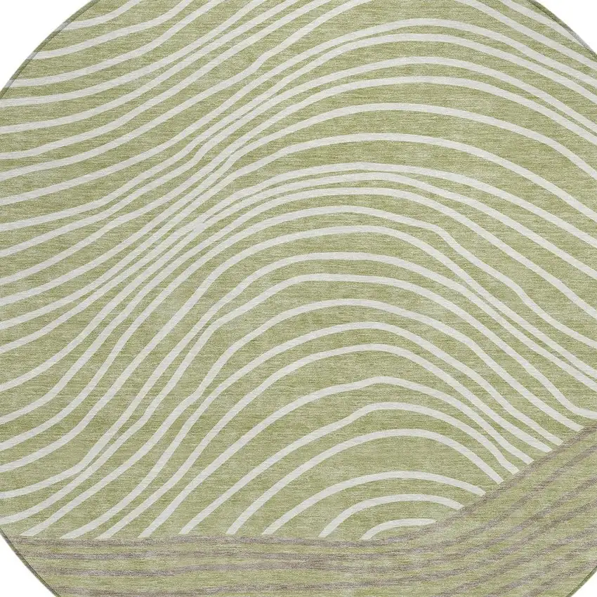 8' Artichoke Green And Ivory Round Striped Washable Indoor Outdoor Area Rug Photo 7