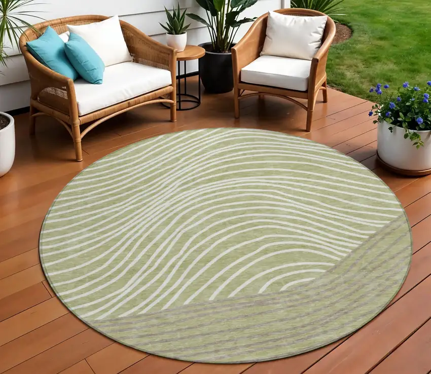 8' Artichoke Green And Ivory Round Striped Washable Indoor Outdoor Area Rug Photo 1