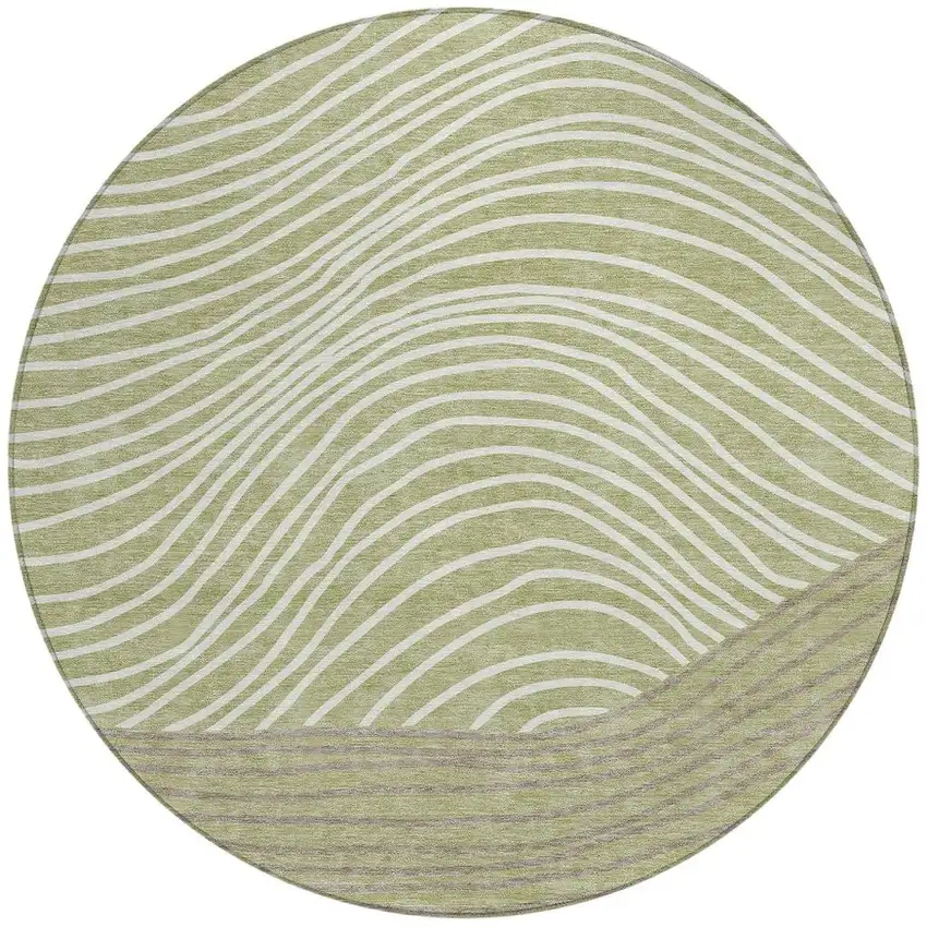 8' Artichoke Green And Ivory Round Striped Washable Indoor Outdoor Area Rug Photo 4
