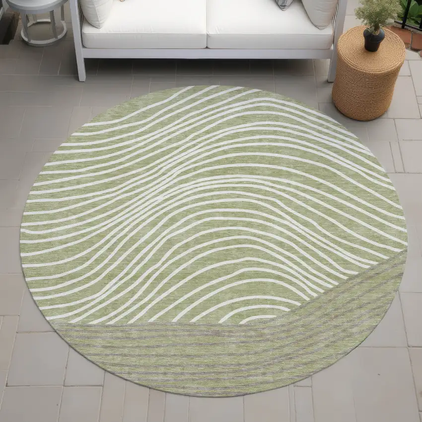 8' Artichoke Green And Ivory Round Striped Washable Indoor Outdoor Area Rug Photo 8