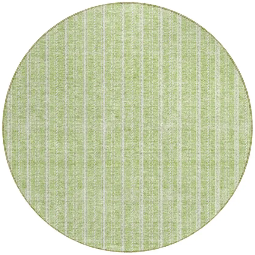 8' Artichoke Green And Ivory Round Striped Washable Indoor Outdoor Area Rug Photo 6