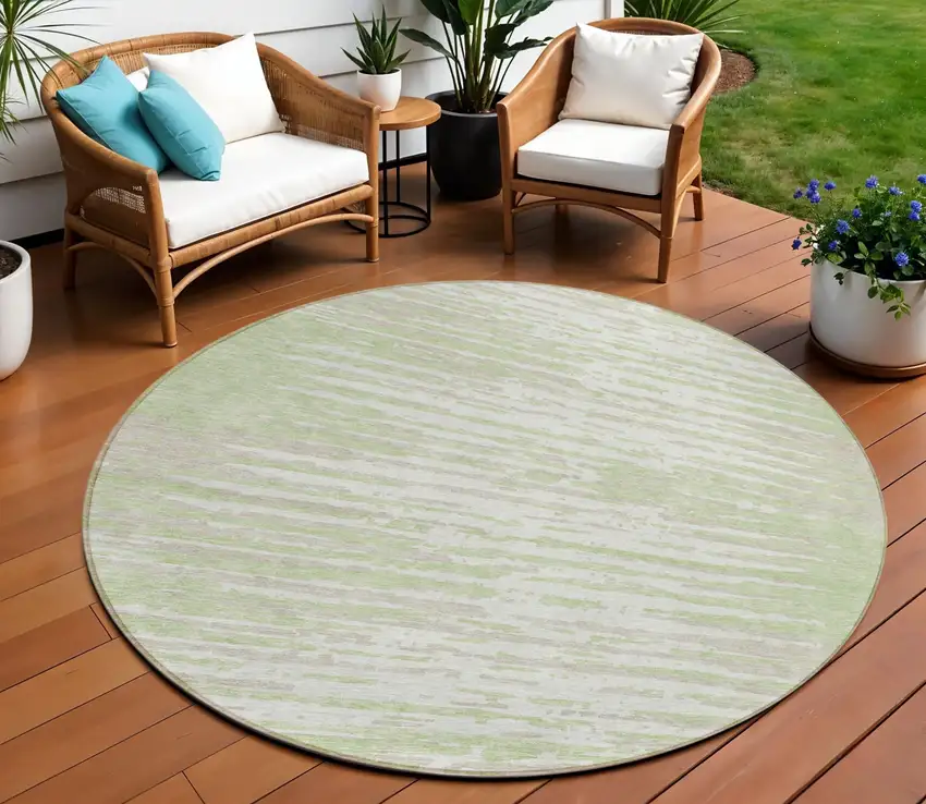 8' Artichoke Green And Ivory Round Striped Washable Indoor Outdoor Area Rug Photo 1
