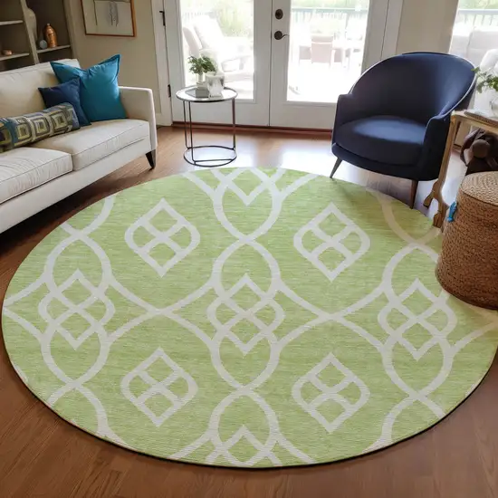 8' Artichoke Green And Ivory Round Trellis Washable Indoor Outdoor Area Rug Photo 7