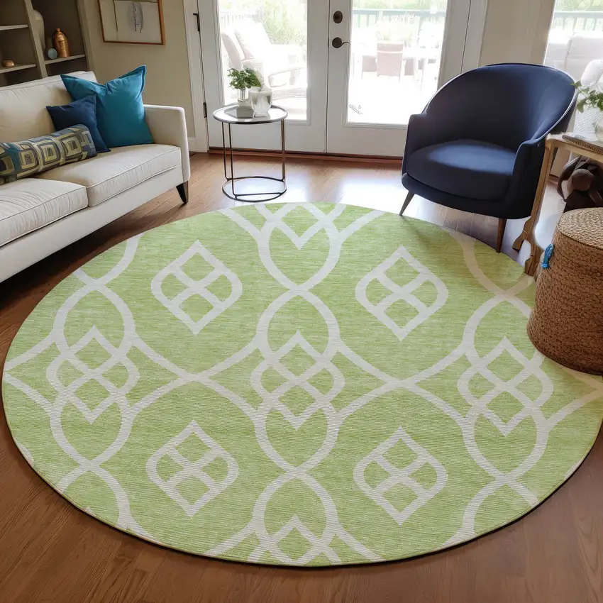 8' Artichoke Green And Ivory Round Trellis Washable Indoor Outdoor Area Rug Photo 7