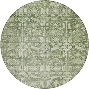 Photo of 8' Artichoke Green And Ivory Round Tribal Washable Indoor Outdoor Area Rug