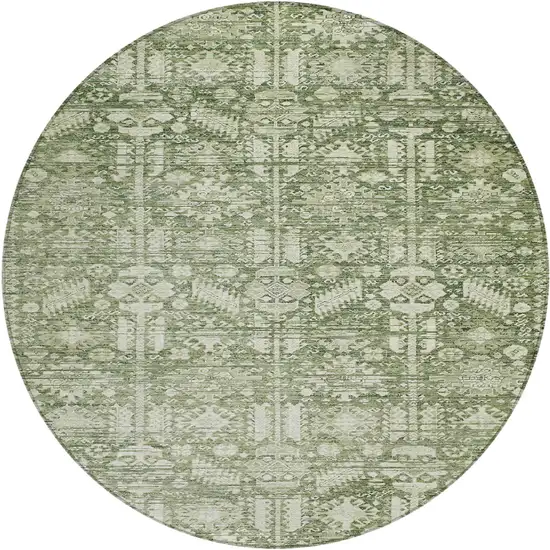 8' Artichoke Green And Ivory Round Tribal Washable Indoor Outdoor Area Rug Photo 1