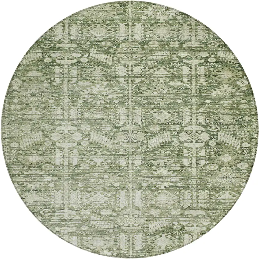 8' Artichoke Green And Ivory Round Tribal Washable Indoor Outdoor Area Rug Photo 1