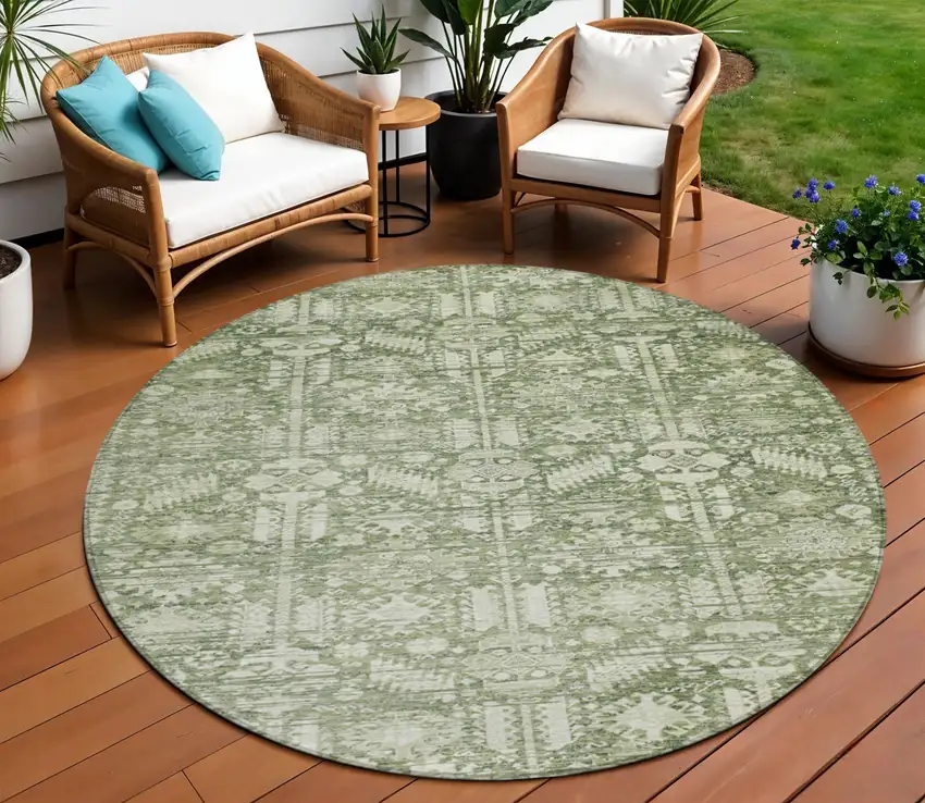 8' Artichoke Green And Ivory Round Tribal Washable Indoor Outdoor Area Rug Photo 2
