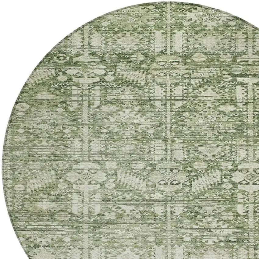 8' Artichoke Green And Ivory Round Tribal Washable Indoor Outdoor Area Rug Photo 4