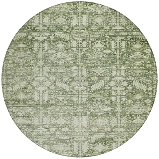 8' Artichoke Green And Ivory Round Tribal Washable Indoor Outdoor Area Rug Photo 3