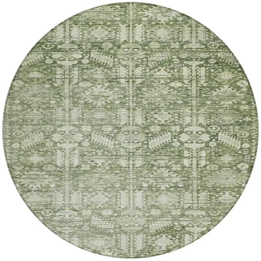 8' Artichoke Green And Ivory Round Tribal Washable Indoor Outdoor Area Rug Photo 3