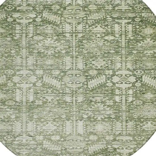 8' Artichoke Green And Ivory Round Tribal Washable Indoor Outdoor Area Rug Photo 8