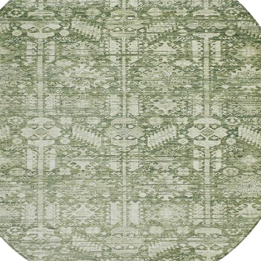 8' Artichoke Green And Ivory Round Tribal Washable Indoor Outdoor Area Rug Photo 8