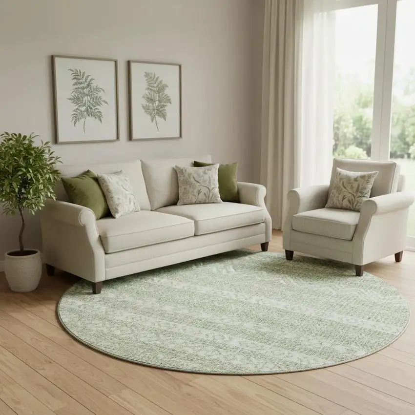 8' Artichoke Green And Ivory Southwestern Washable Round Rug With UV Protection Photo 1