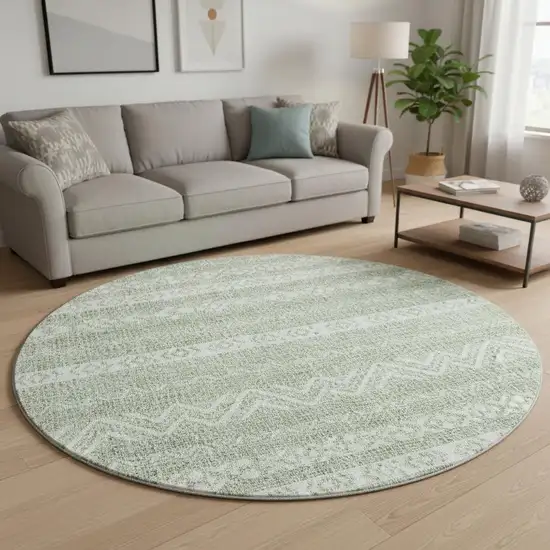 8' Artichoke Green And Ivory Southwestern Washable Round Rug With UV Protection Photo 2