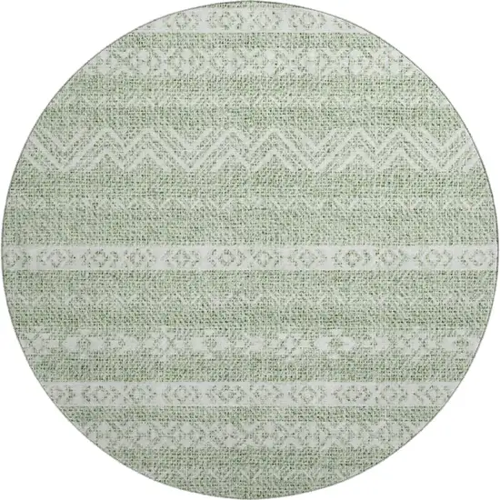 8' Artichoke Green And Ivory Southwestern Washable Round Rug With UV Protection Photo 1