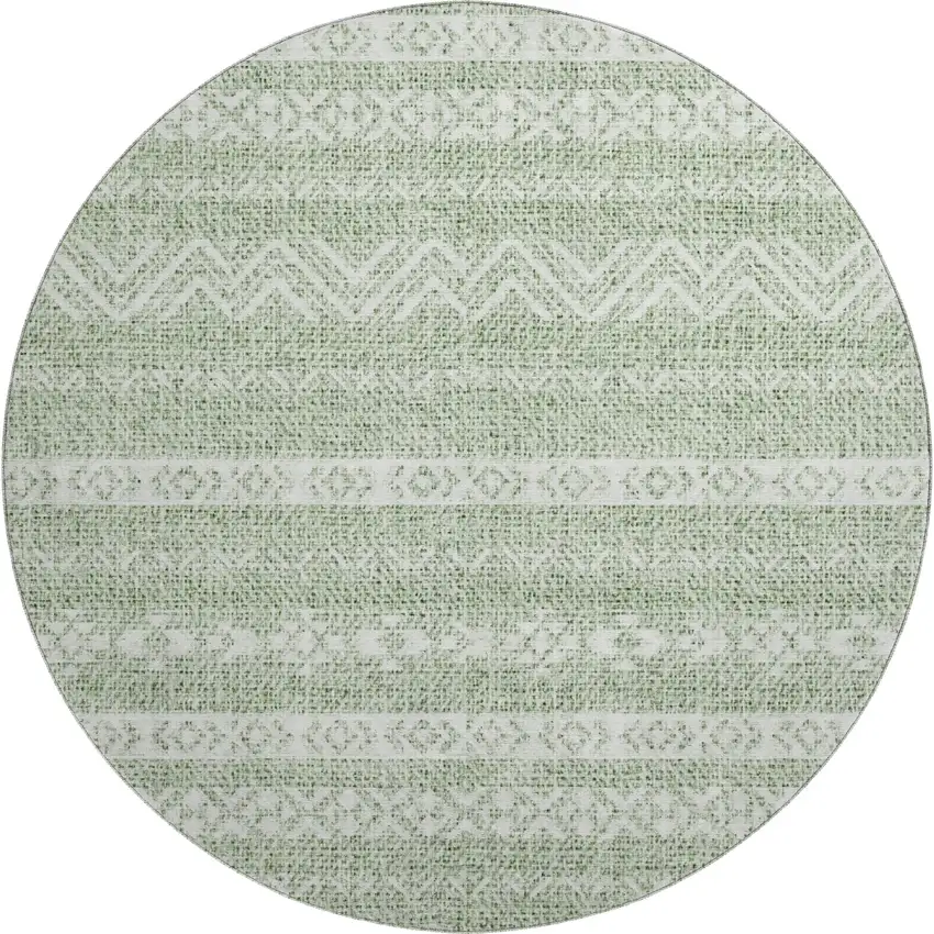 8' Artichoke Green And Ivory Southwestern Washable Round Rug With UV Protection Photo 1