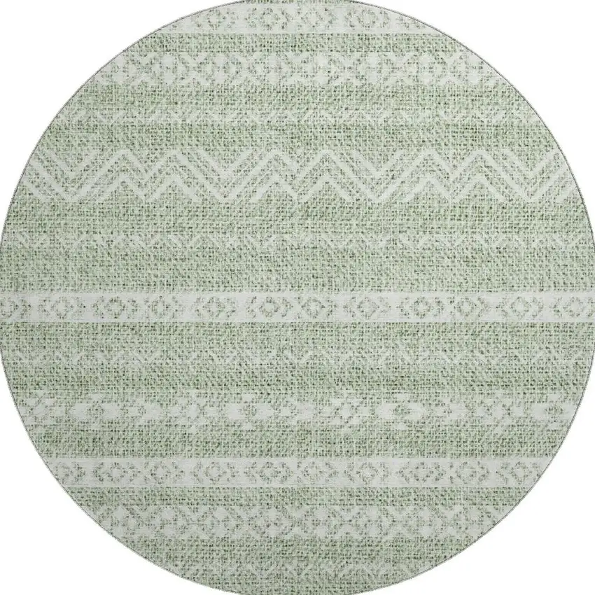8' Artichoke Green And Ivory Southwestern Washable Round Rug With UV Protection Photo 3