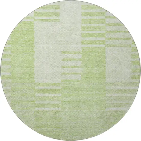 8' Artichoke Green And Ivory Striped Washable Round Rug With UV Protection Photo 3
