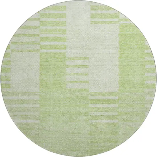 8' Artichoke Green And Ivory Striped Washable Round Rug With UV Protection Photo 1