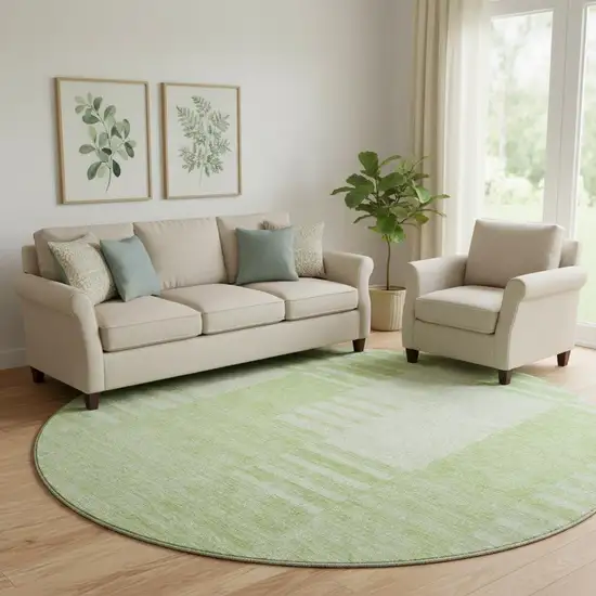 8' Artichoke Green And Ivory Striped Washable Round Rug With UV Protection Photo 1