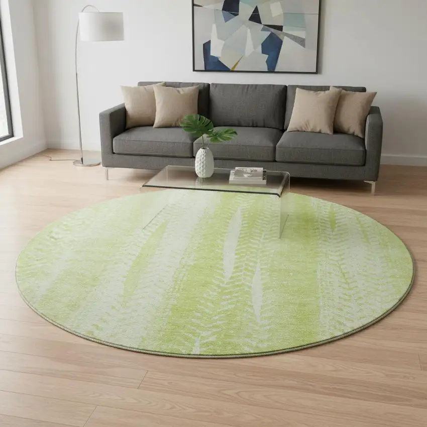 8' Artichoke Green And Ivory Striped Washable Round Rug With UV Protection Photo 2