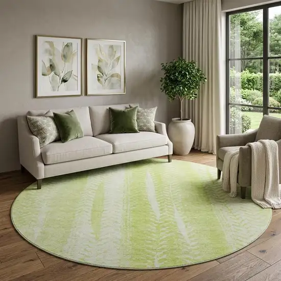 8' Artichoke Green And Ivory Striped Washable Round Rug With UV Protection Photo 1