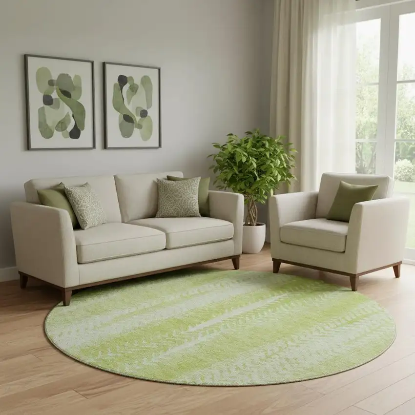 8' Artichoke Green And Ivory Striped Washable Round Rug With UV Protection Photo 1