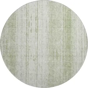 Photo of 8' Artichoke Green And Ivory Striped Washable Round Rug With UV Protection