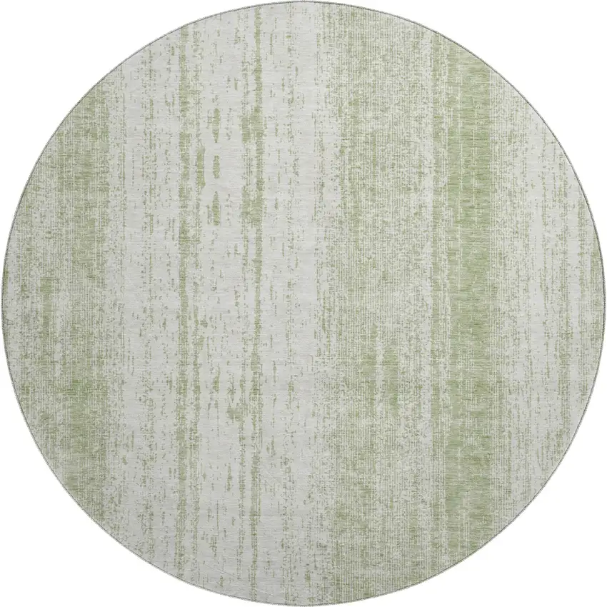 8' Artichoke Green And Ivory Striped Washable Round Rug With UV Protection Photo 1