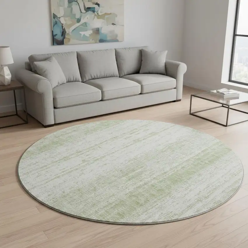 8' Artichoke Green And Ivory Striped Washable Round Rug With UV Protection Photo 2
