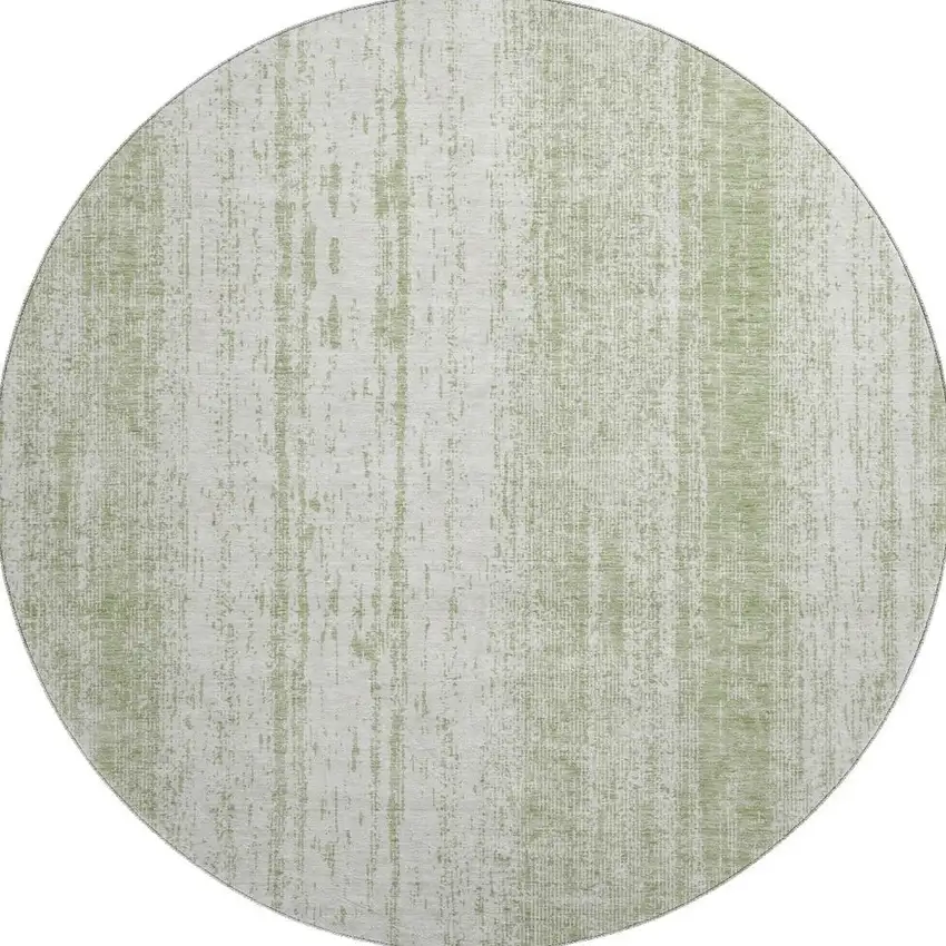 8' Artichoke Green And Ivory Striped Washable Round Rug With UV Protection Photo 4