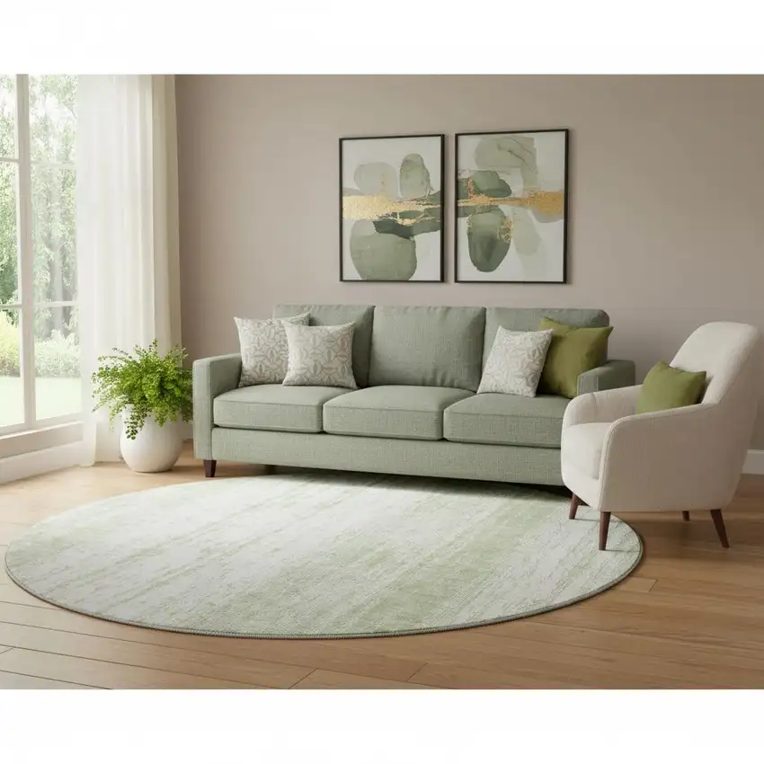 8' Artichoke Green And Ivory Striped Washable Round Rug With UV Protection Photo 1