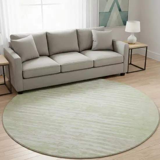 8' Artichoke Green And Ivory Striped Washable Round Rug With UV Protection Photo 2