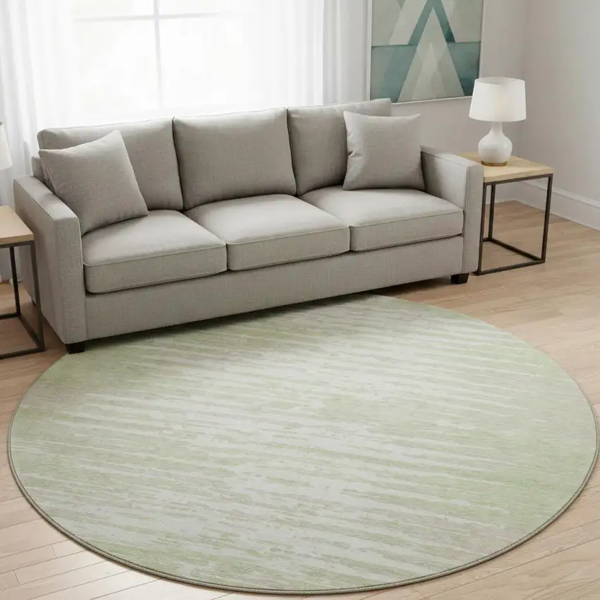 8' Artichoke Green And Ivory Striped Washable Round Rug With UV Protection Photo 2