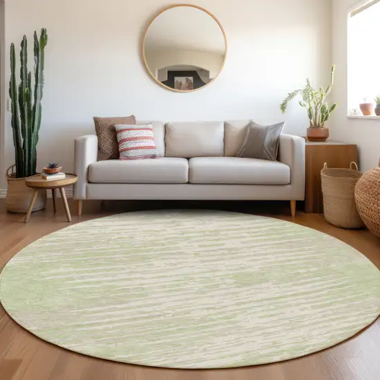 8' Artichoke Green And Ivory Striped Washable Round Rug With UV Protection Photo 5