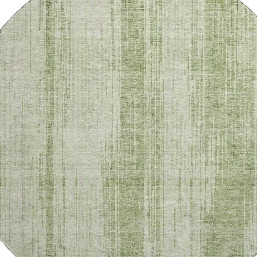8' Artichoke Green And Ivory Striped Washable Round Rug With UV Protection Photo 3