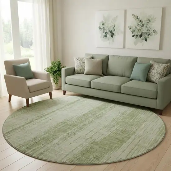 8' Artichoke Green And Ivory Striped Washable Round Rug With UV Protection Photo 1