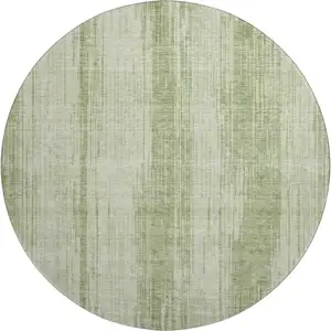 Photo of 8' Artichoke Green And Ivory Striped Washable Round Rug With UV Protection