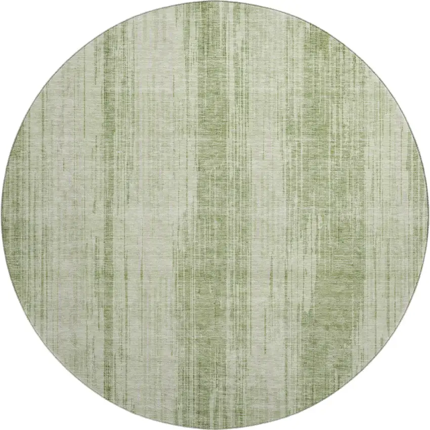 8' Artichoke Green And Ivory Striped Washable Round Rug With UV Protection Photo 1