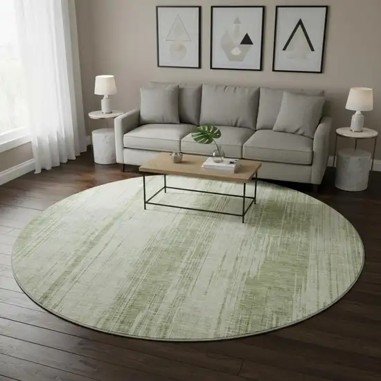 8' Artichoke Green And Ivory Striped Washable Round Rug With UV Protection Photo 2