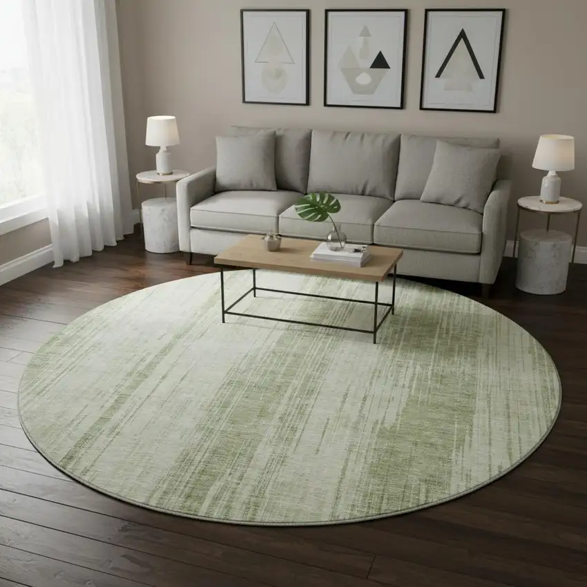 8' Artichoke Green And Ivory Striped Washable Round Rug With UV Protection Photo 2