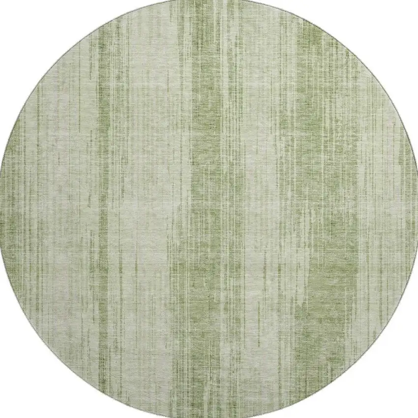 8' Artichoke Green And Ivory Striped Washable Round Rug With UV Protection Photo 4