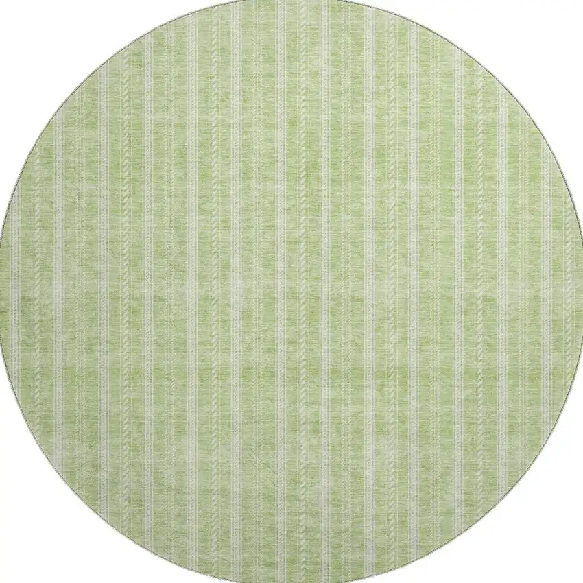 8' Artichoke Green And Ivory Striped Washable Round Rug With UV Protection Photo 3