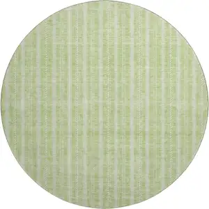 Photo of 8' Artichoke Green And Ivory Striped Washable Round Rug With UV Protection